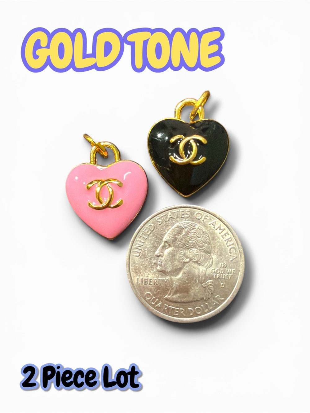 LAST ONE - Lot of 2 CC mini Heart Gold Tone Zipper Bull Button Charm Pendants